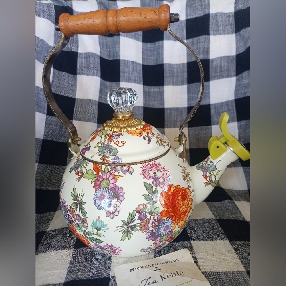 Mackenzie Childs Flower Market White Whistling Tea Kettle